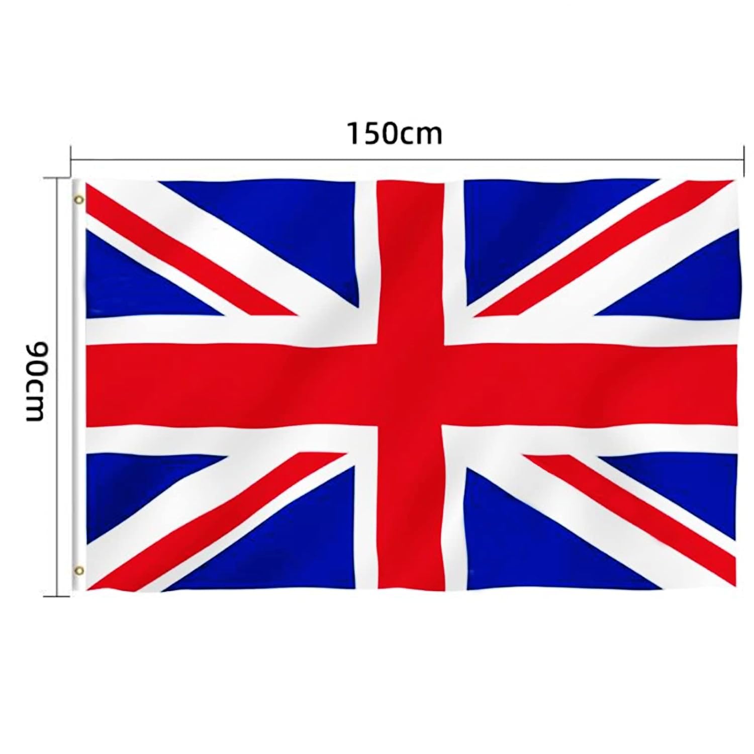 Union Jack flag with dimensions 150cm x 90cm on a white background