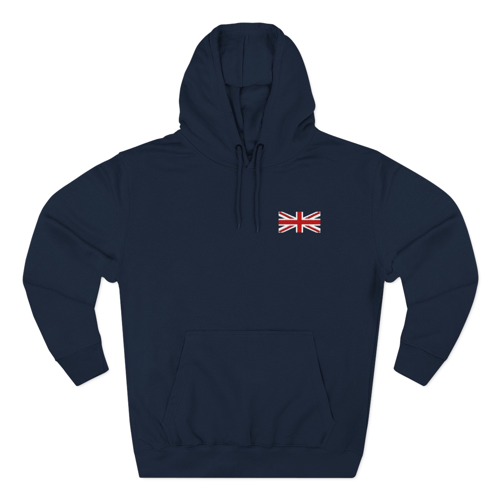 Navy blue hoodie with a Union Jack / British Flag logo on a white background