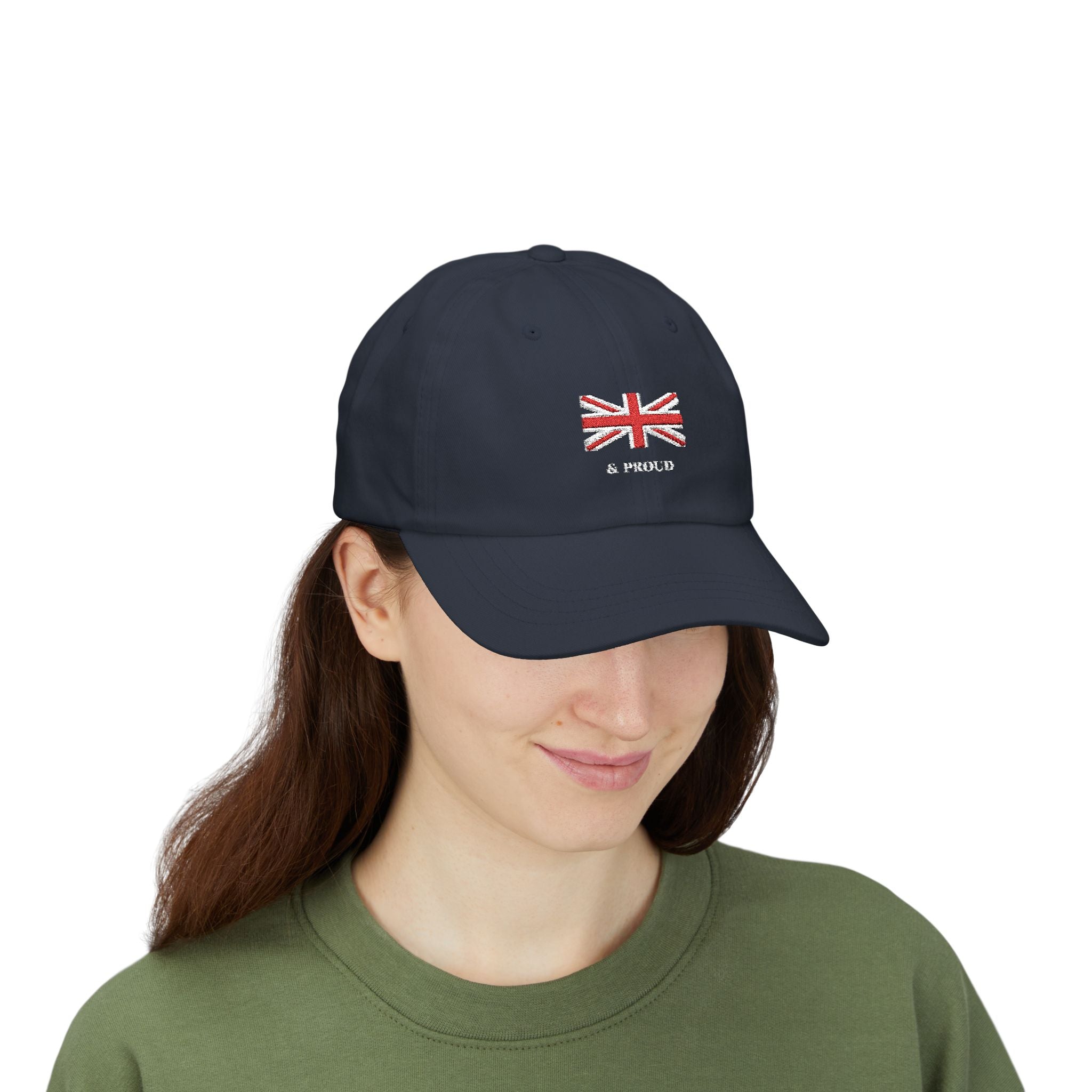 British Women wearing British Flag Cap with writing & Proud underneath 