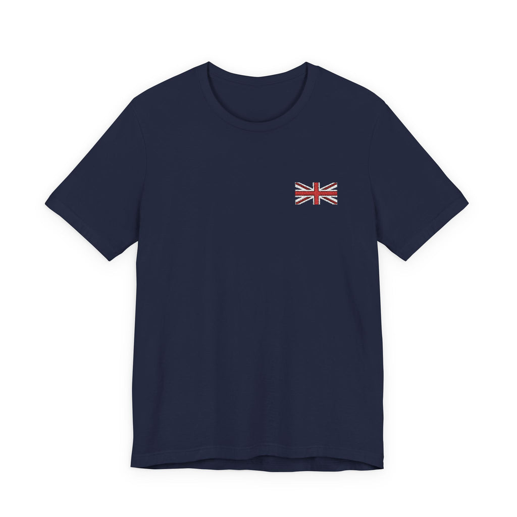 Navy blue t-shirt with a small Union Jack flag on a white background