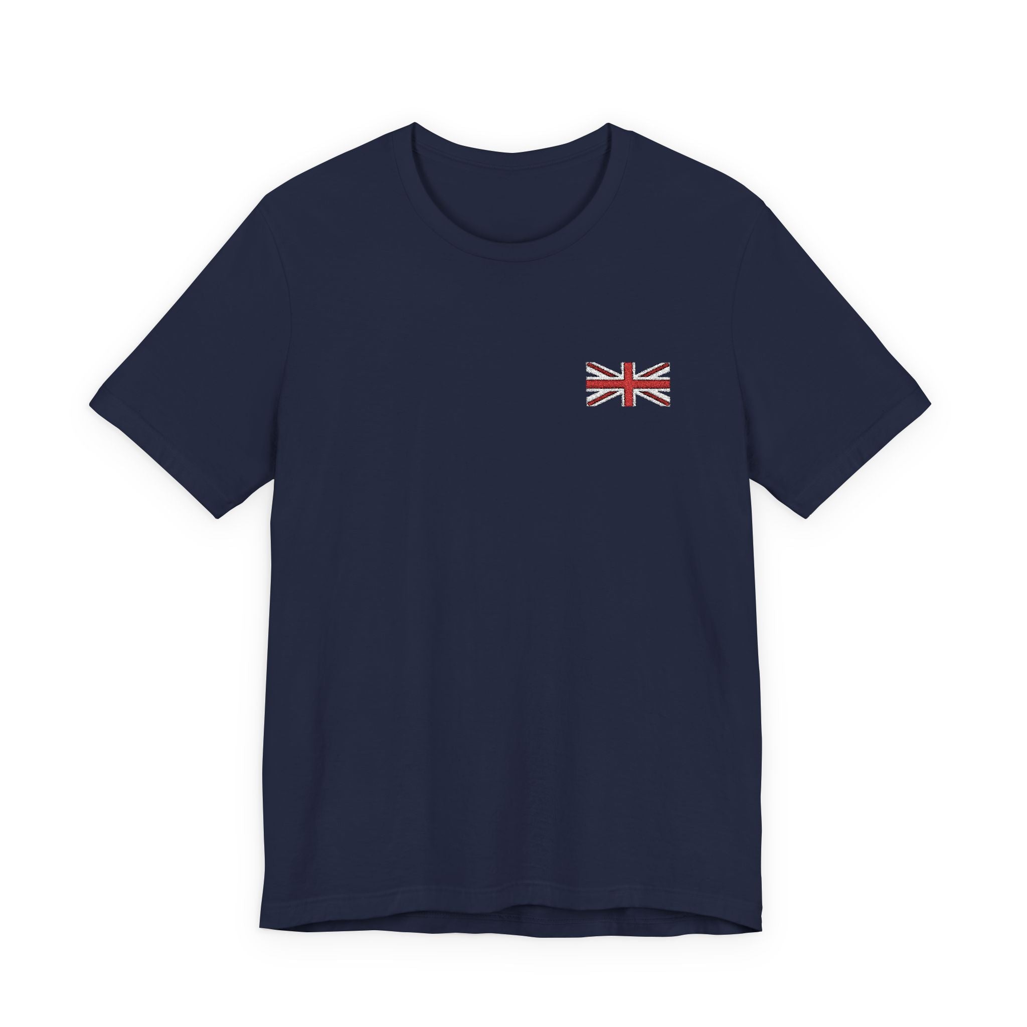 Navy blue t-shirt with a small Union Jack flag on a white background