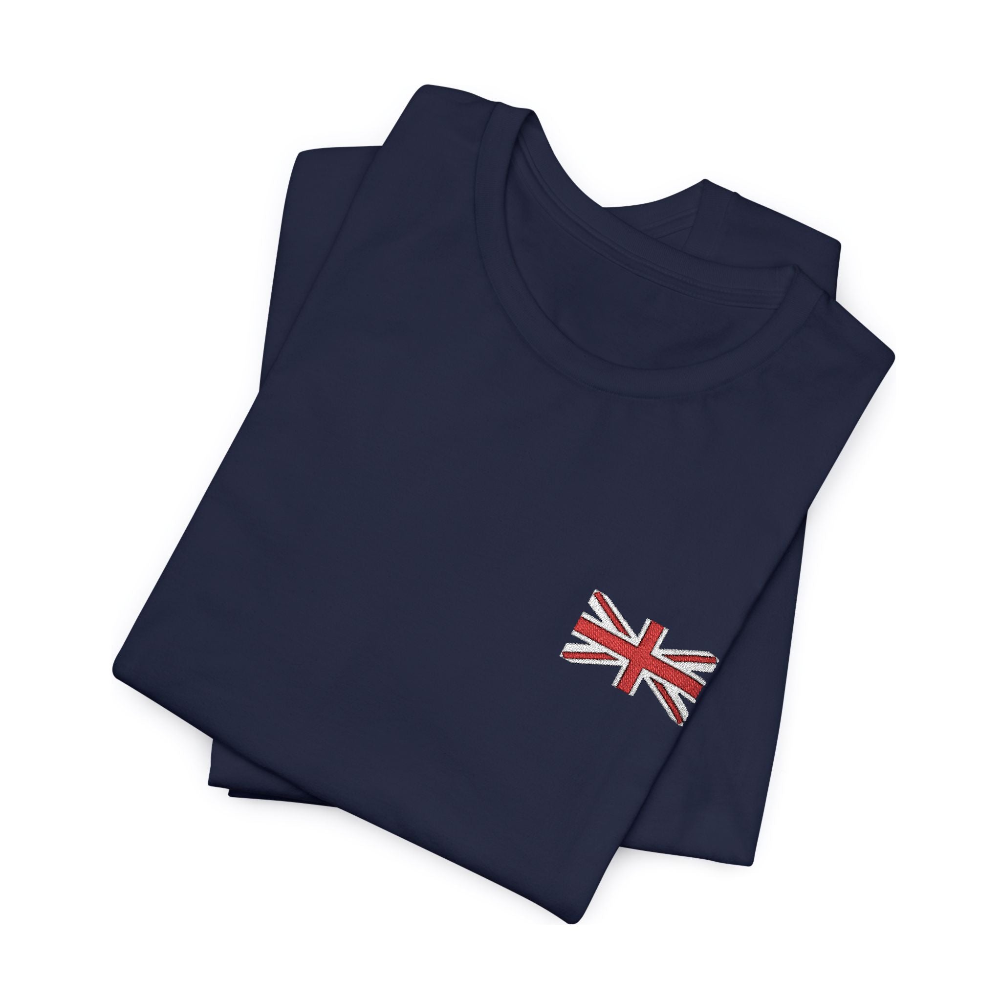 Folded navy blue t-shirt with a Union Jack design on a white background
