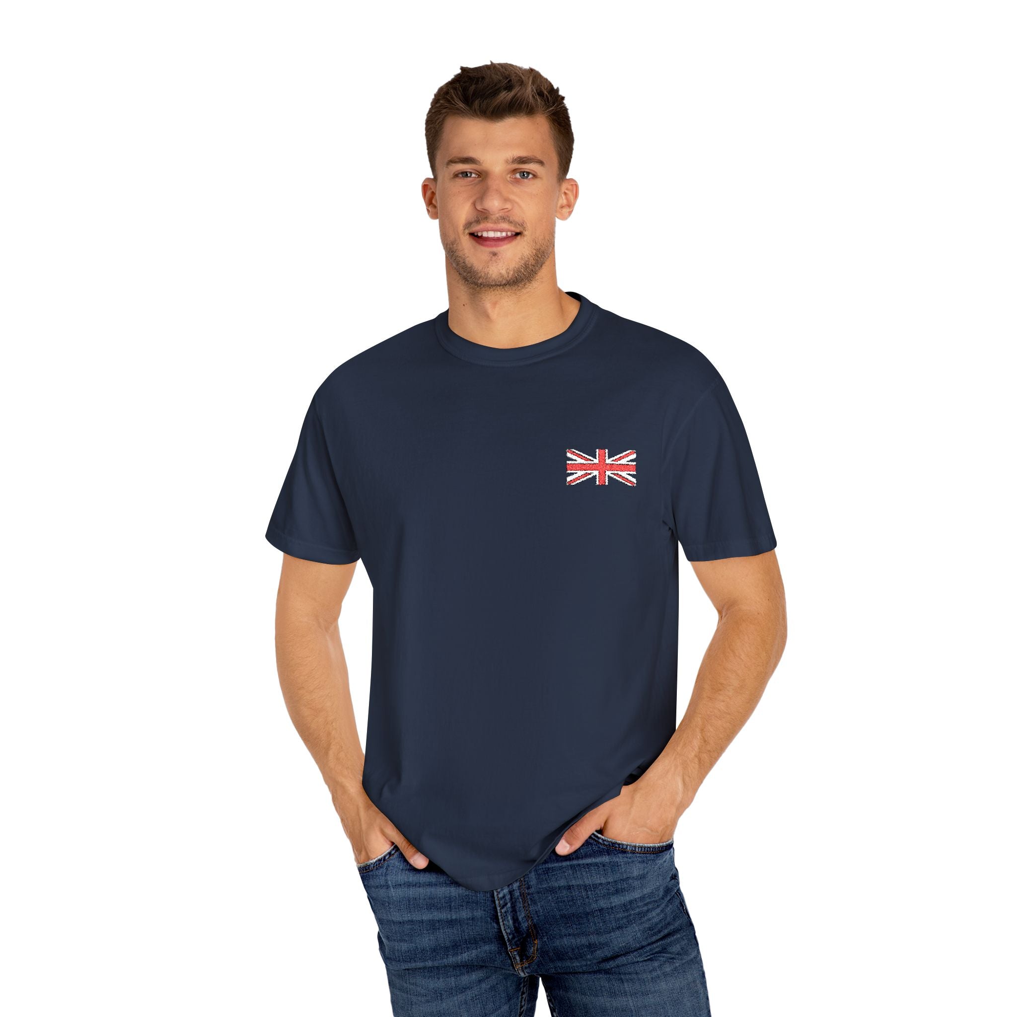 Man wearing a navy blue British flag top