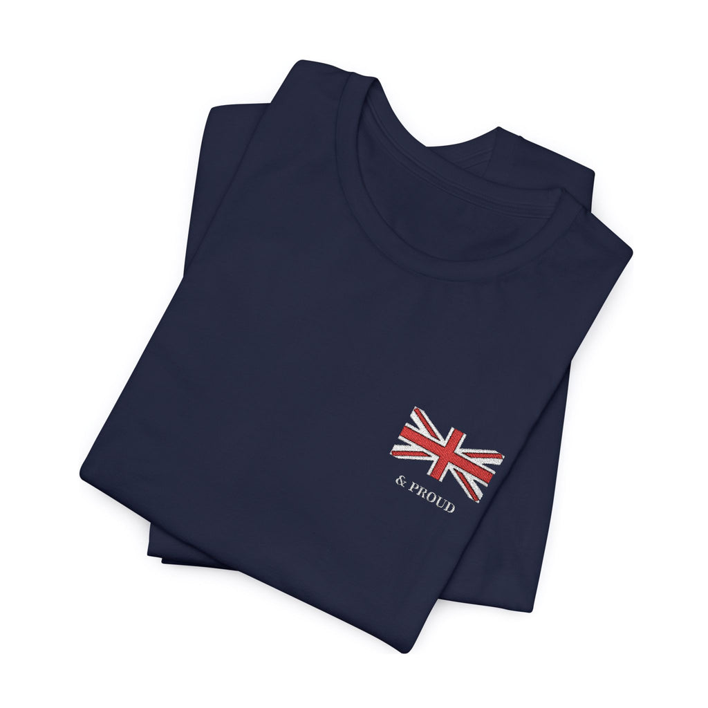 Folded navy blue t-shirt with a Union Jack design and 'Proud' text on a white background