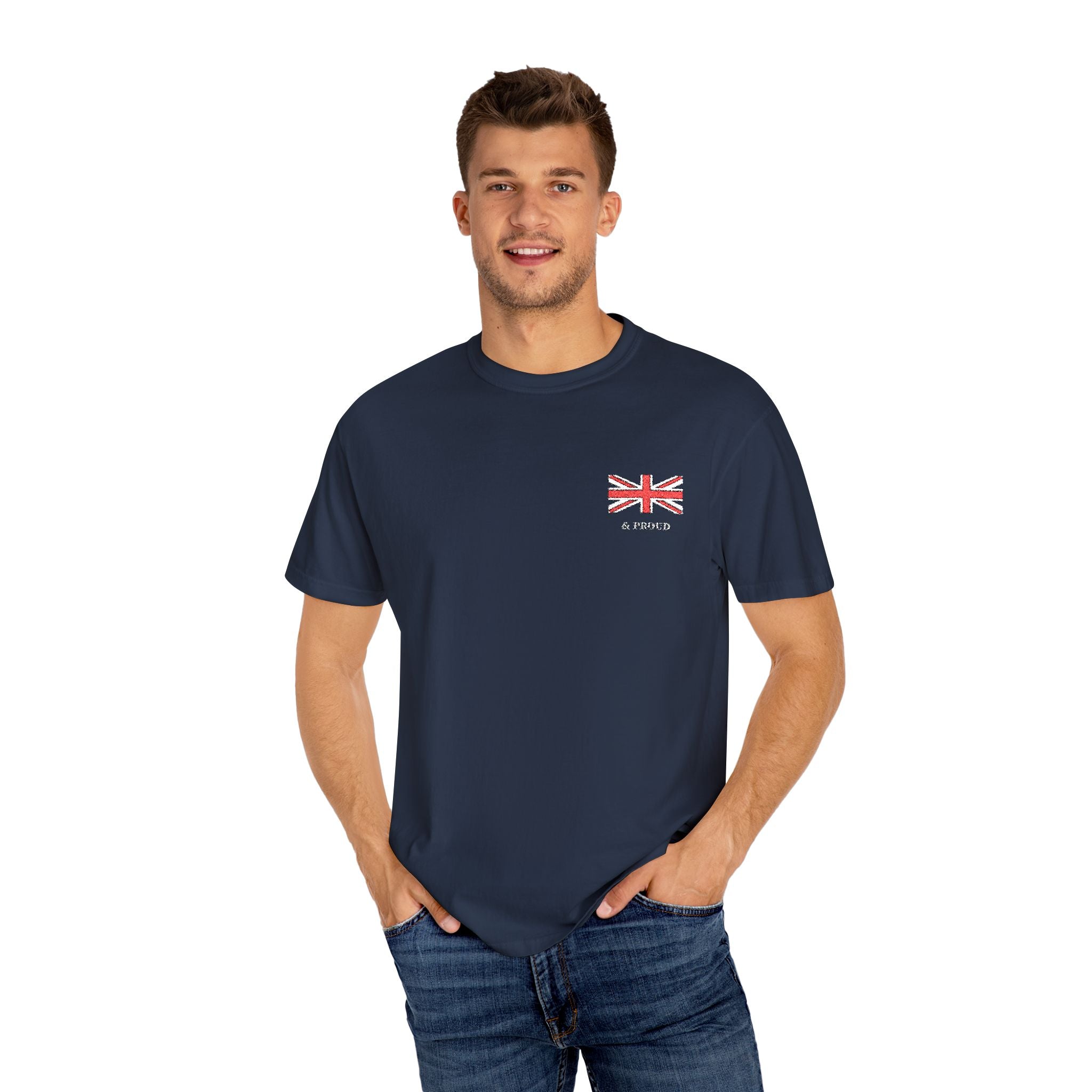 British Man wearing navy blue British & Proud Flag Patriotic Top
