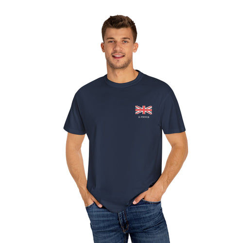 British Man wearing navy blue British & Proud Flag Patriotic Top
