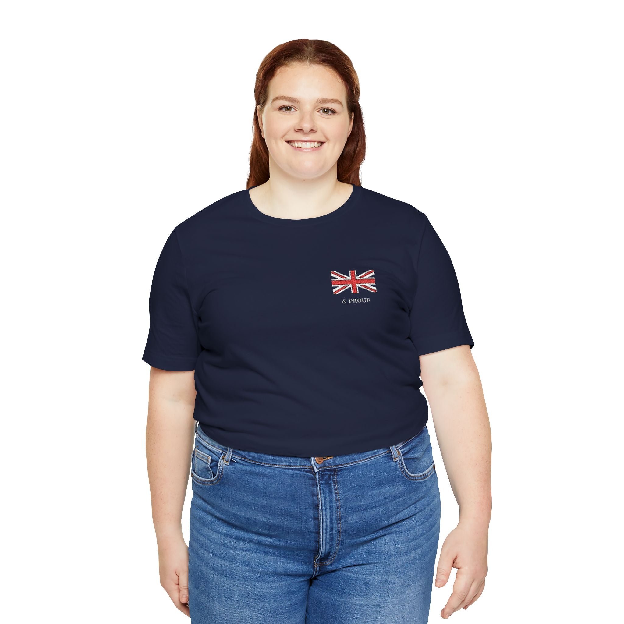 British Woman wearing patriotic British flag t-shirt that says and proud