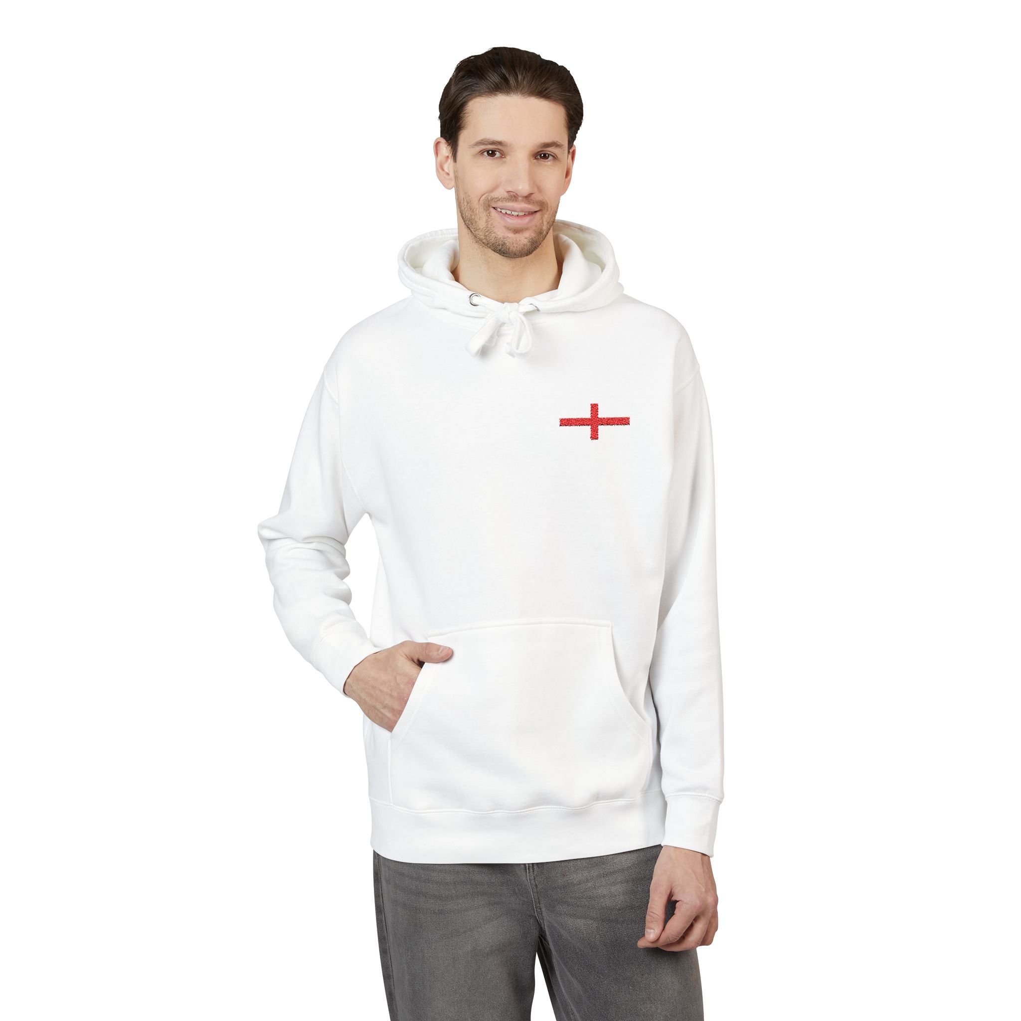 Man wearing a white hoodie with a red cross design on forming an English Flag Jumper