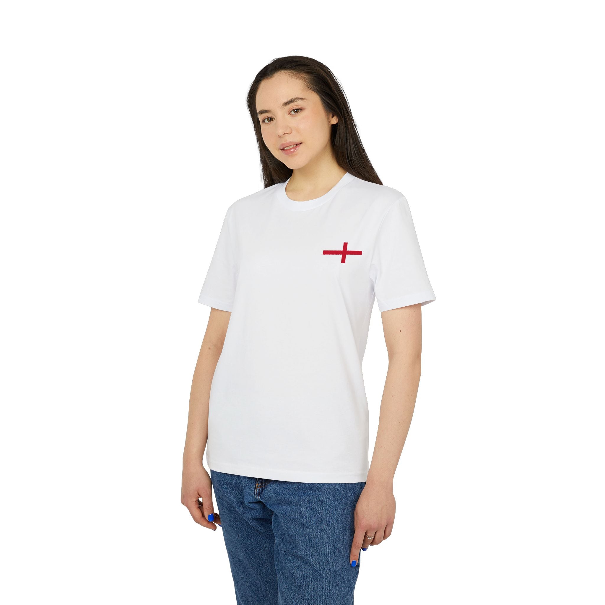 English Women wearing White Tshirt with Red Cross - English Flag Tshirt