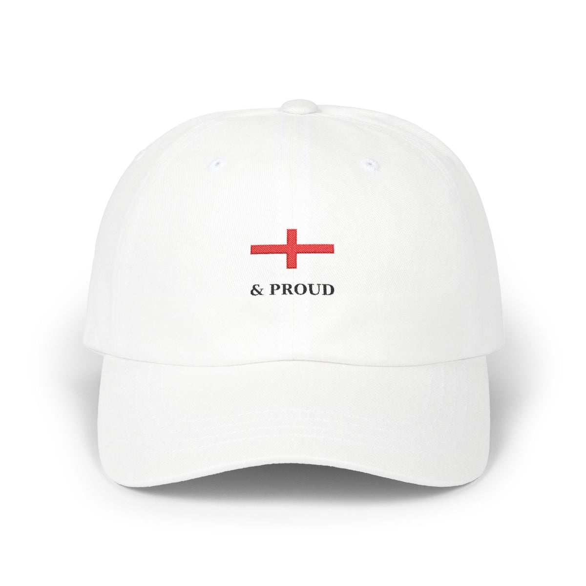 White Cap with Red English Flag Cross and Writing "& Proud" underneath 