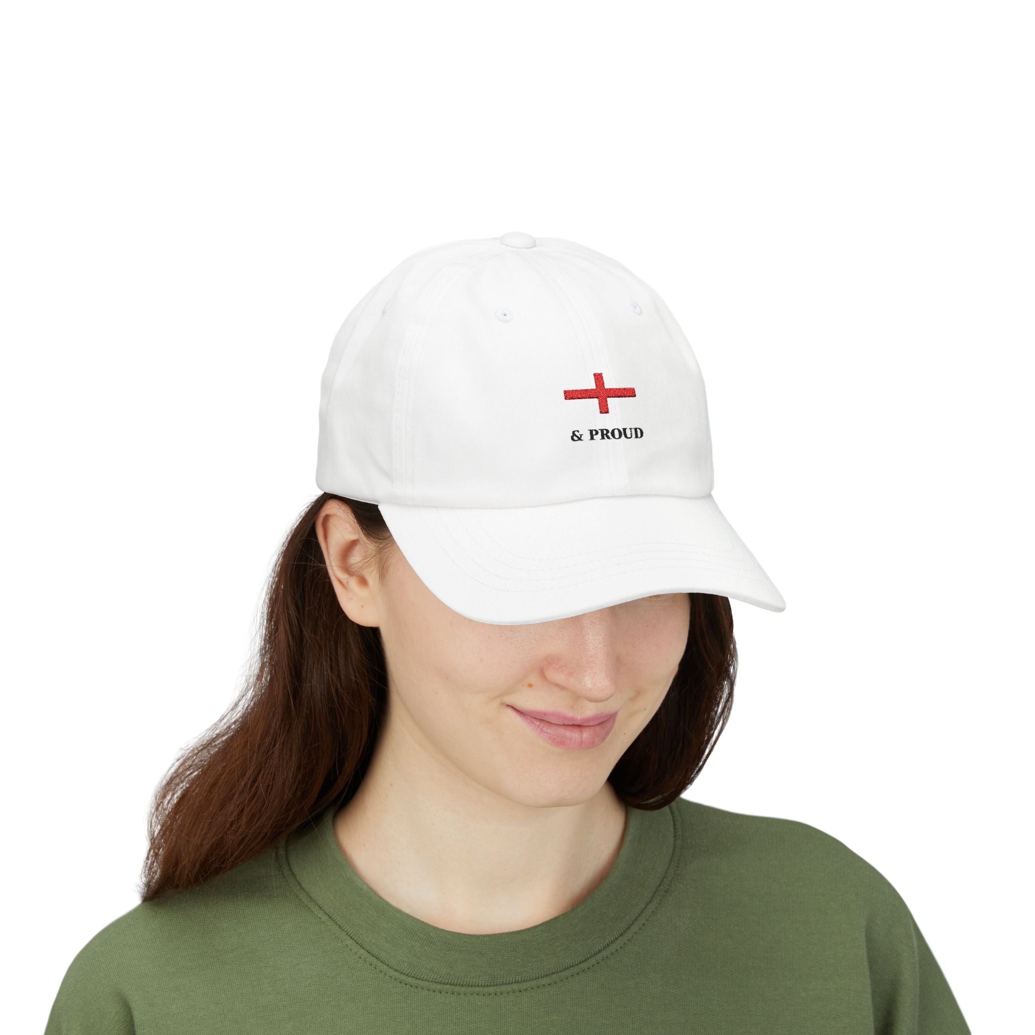 English Women wearing a white cap with a red English St George's cross forming the English flag and black & Proud writing. 