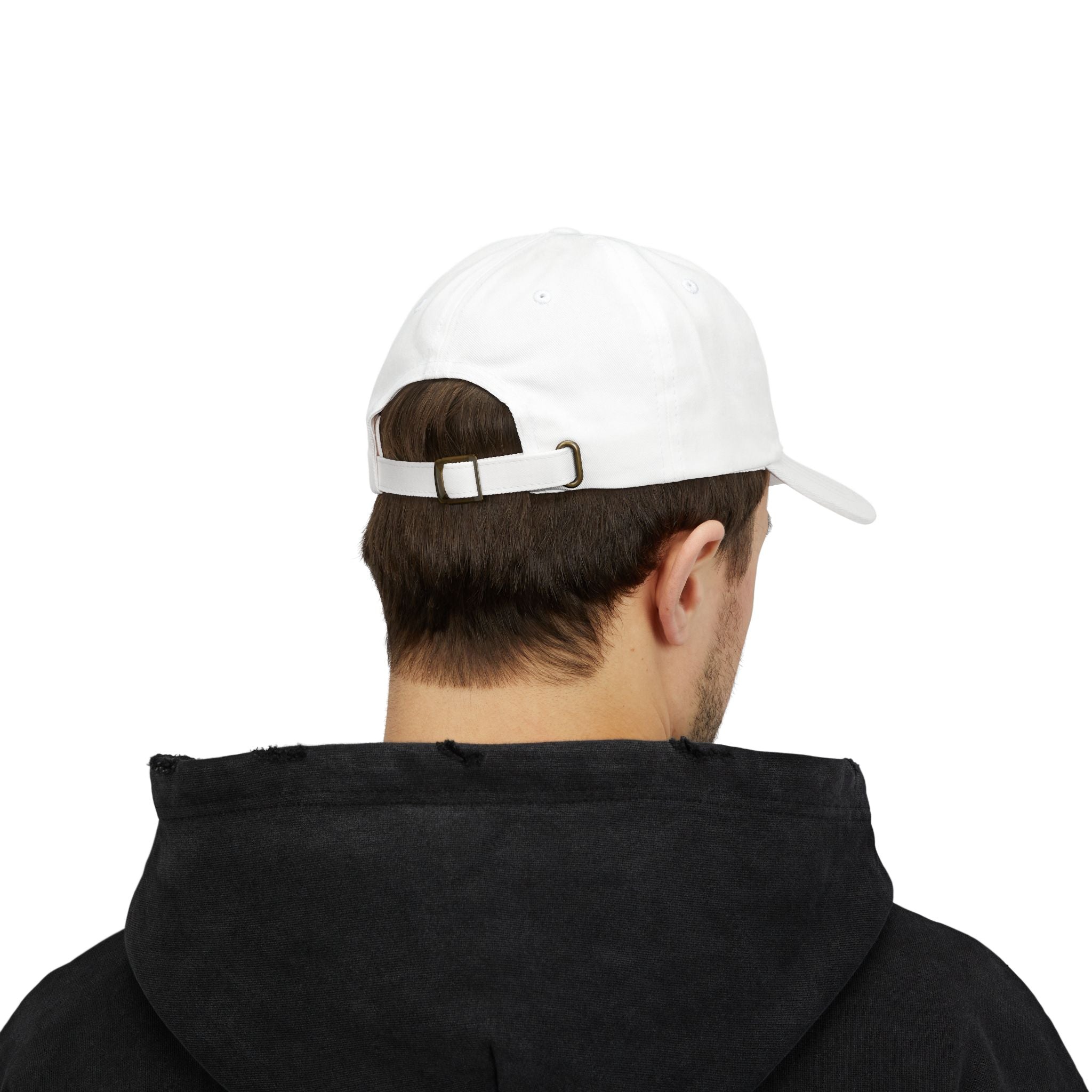 Person wearing a white English & Proud cap and black hoodie from behind on a white background